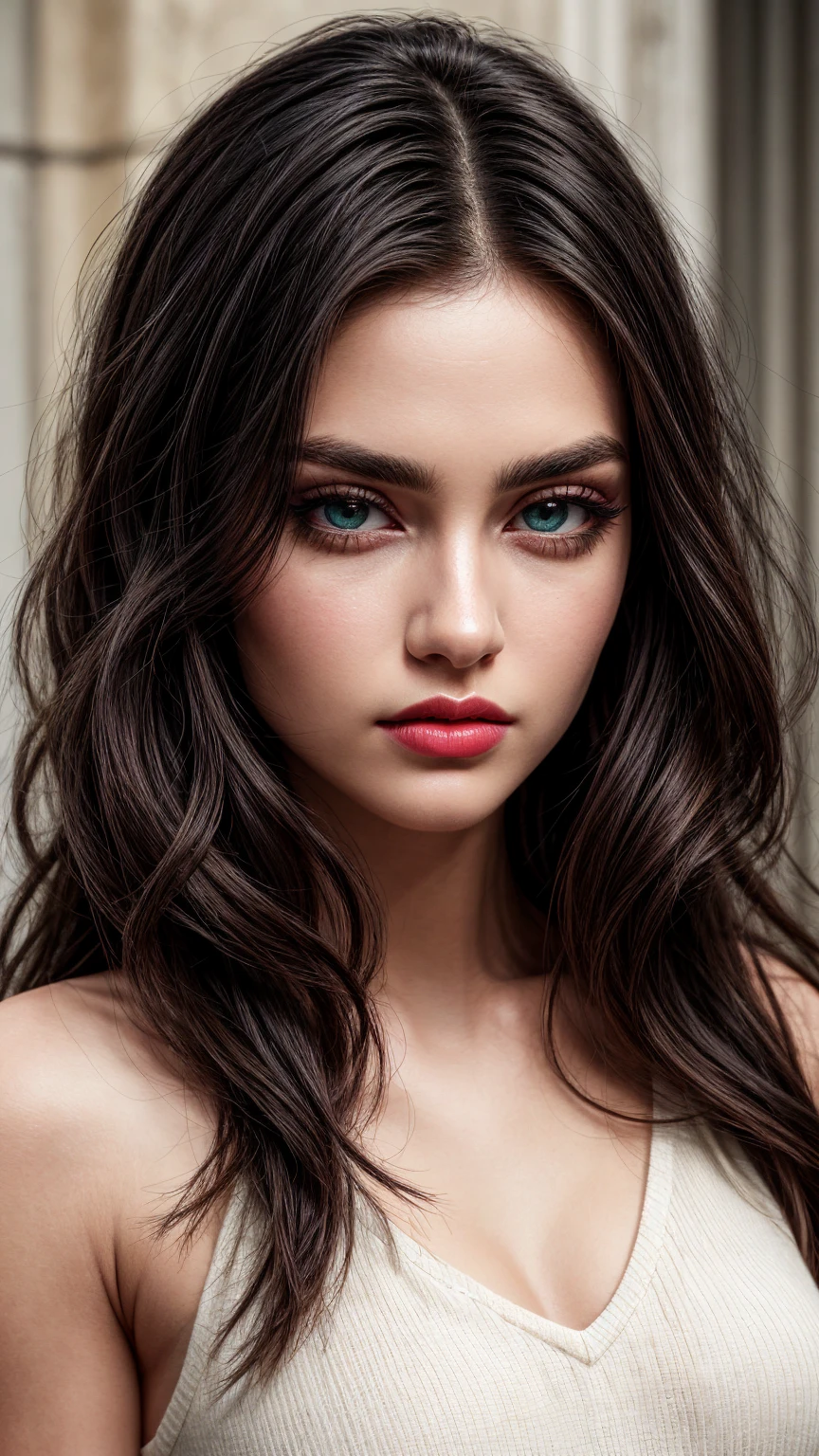 (masterpiece, high quality, best quality:1.3), extremely detailed, realistic, (hyperrealistic:1.2), fine texture, Extremely high-resolution details, (beautiful:1.2), (white skin), young 25 years old, green eyes, (monolid eyes, arched eyebrows, eyelash, eye contour, eyeshadow:1.2), (thin lips, pink lipstick), (makeup), 157cm tall, (wavy hair), (long hair, black hair:1.4), (everything Detailed), upper body, (perfect face, perfect eyes, perfect lips, perfect hair), (Closed mouth:1.5), (detailed lips, detailed eyes, detailed hair, detailed face), natural lighting,