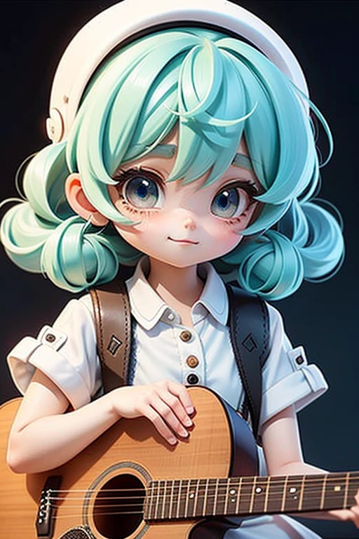 Loli anime girl,expressive eyes, Perfect face, Cute Wuoo face, The character is facing into the distance and singing. A girl with short green hair and M-shaped bangs is tied into two small ponytails.，Wearing a short white dress，A man in a denim jacket is sitting on a bench by the roadside and playing an acoustic guitar.，Expression of affection and sadness, Play the guitar, , Modern accessories , Delicate and detailed eyes, The smile is delicate and meticulous, , Light Color, holographic, Dark background,Watch it all，My eyes are about to cry