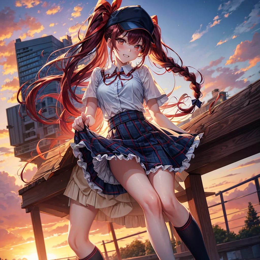 Red Blue Gold Hair、Golden Eyes、Braid、One good looking girl、solo、anime、Checkered mini skirt、Ruffles on the skirt、camisole、cardigan、Black knee-high socks、Wearing a baseball cap、Wearing a ribbon、Ribbon on waist、Tilting face、Teeth are visible、Sunset sky、There's a hole in the clouds、Contrail、Cumulonimbus、Silver coin necklace、shine、From above、bell、torii、clock tower、Desert Oasis、water is gushing out、Sparks are flying、Steps、High five