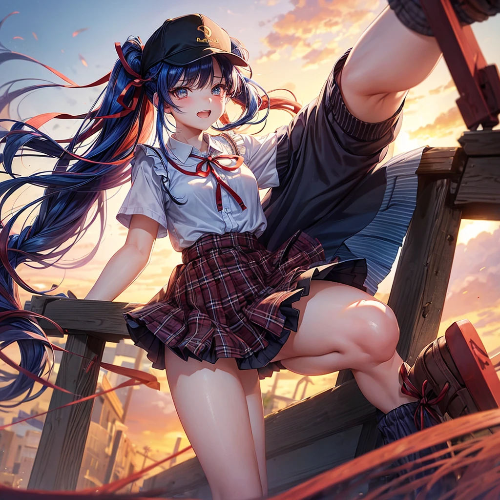 Red Blue Gold Hair、Golden Eyes、Braid、One good looking girl、solo、anime、Checkered mini skirt、Ruffles on the skirt、camisole、cardigan、Black knee-high socks、Wearing a baseball cap、Wearing a ribbon、Ribbon on waist、Tilting face、Teeth are visible、Sunset sky、There's a hole in the clouds、Contrail、Cumulonimbus、Silver coin necklace、shine、From above、bell、torii、clock tower、Desert Oasis、water is gushing out、Sparks are flying、Steps、High five