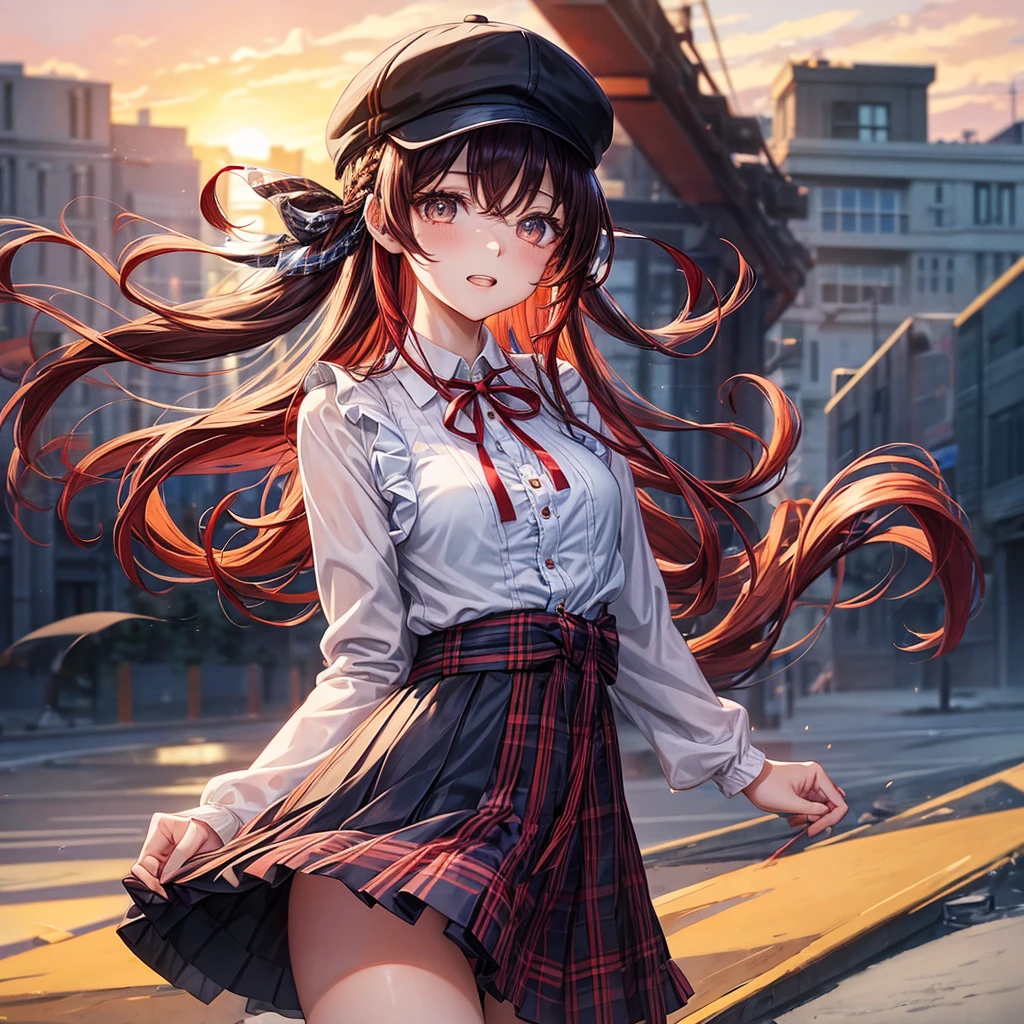 Red Blue Gold Hair、Golden Eyes、Braid、One good looking girl、solo、anime、Checkered mini skirt、Ruffles on the skirt、camisole、cardigan、Black knee-high socks、Wearing a baseball cap、Wearing a ribbon、Ribbon on waist、Tilting face、Teeth are visible、Sunset sky、There&#39;s a hole in the clouds、Contrail、Cumulonimbus、Silver coin necklace、shine、From above、bell、torii、clock tower、Desert Oasis、water is gushing out、Sparks are flying、Steps、High five