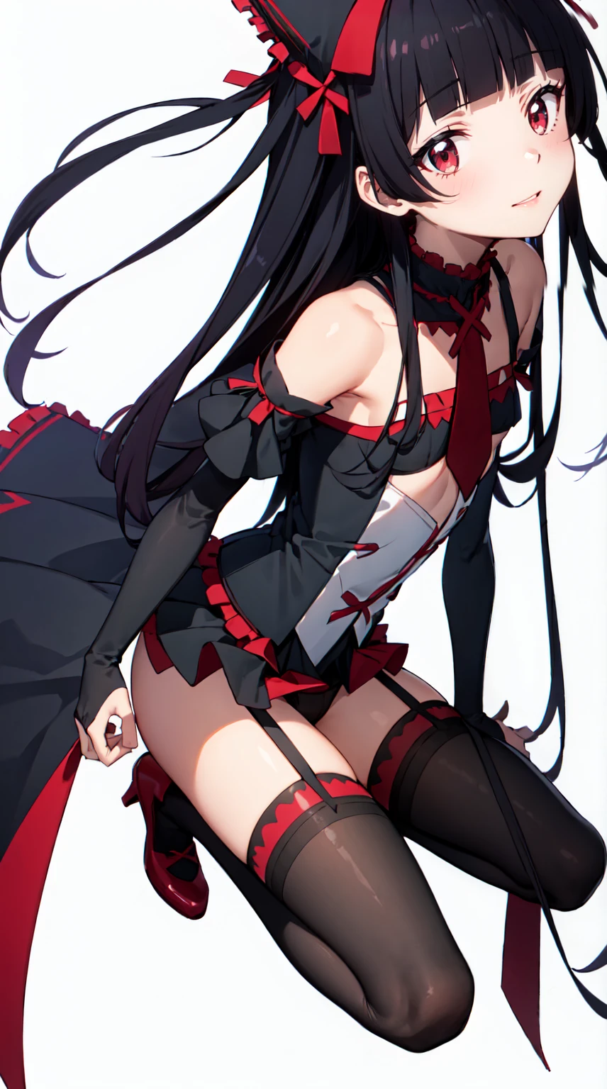 Rory Mercury, Rory Mercury, Black Hair, Blunt bangs, Hime cut, hair ornaments, Red lipstick, Long Hair, Cute Face, compensate, (Small box:1.2), (Red eyes:1.5), break Gothic underwear, Perfect body (Small breasts:1.3), break in full growth, Red Shoes, break Black Stockings, Black Gloves break, Black thighs, Garter Straps, gloves, Gothic, Hair Ribbon, Gothicファッション, puffy Short sleeve, Puffy sleeves, Short sleeve, tights, tights, looks at the viewer, break (masterpiece:1.2), highest quality, High resolution, unity 8k wallpaper, (Illustration:0.8), (Beautiful details in the eyes:1.6), Highly detailed face, Perfect lighting, Highly detailed CGI, (Perfect Arms, Perfect Anatomy), (white background:1.5), I have nothing in my hands, 1girl