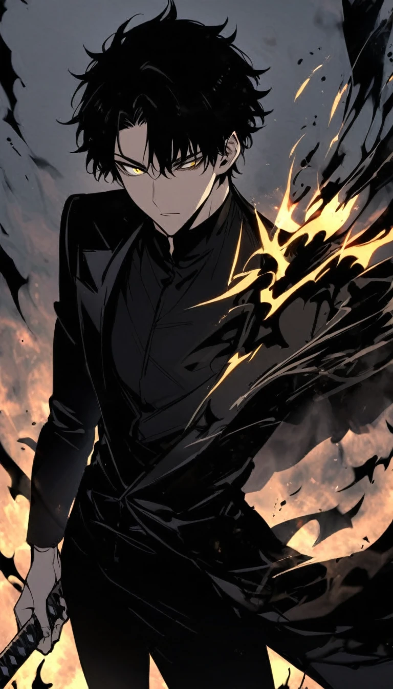 Handsome, alone, male, Short hair,, black hair, black yellow odd eye, black shirt, black pants, Black coat, black flame,holding a katana in one hand, The blade shines black, left reverse eye