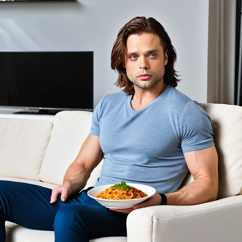 ( sebastian stan ) ( winter soldier) boca perfeita, olhos perfeitos, rosto detalhado,( eating pasta)  jantar, usando meias, usando apenas bermuda, Muscles, whole scenario, sala de estar, pouca luz, assistindo TV,  dark furniture, tapete bonito, beautiful sofa, cortinas fechadas, luz da TV, mesa de centro, MEAL, HD resolution, 4k 