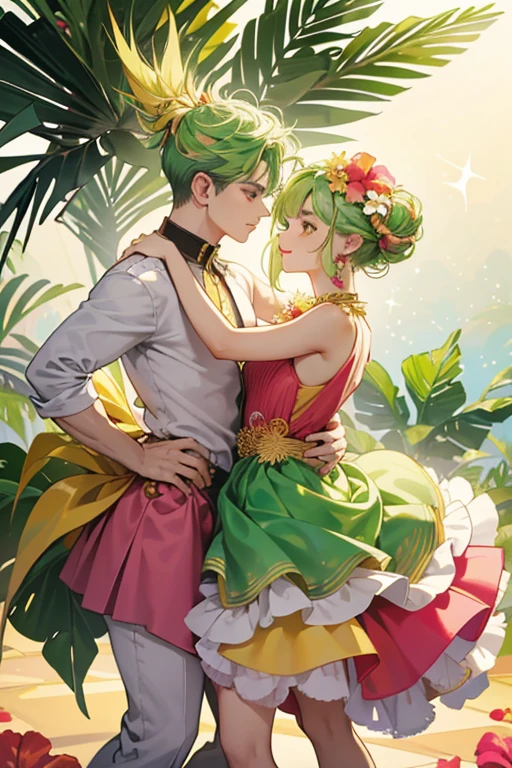 Tropicatchi somewhat resembles a tropical plant or a pineapple. She has gold skin and green, grassy hair with a pink hibiscus flower. She has two circular, yellow earrings on each side of her head. She wears a red dress with white sparkles and a fluffy white collar. Her feet are usually not visible, except sometimes when she dances. SPARKLE; GLITTER