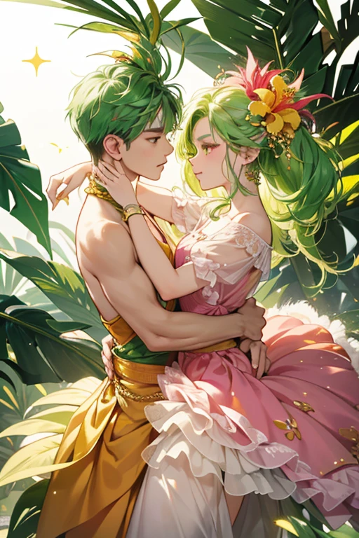 Tropicatchi somewhat resembles a tropical plant or a pineapple. She has gold skin and green, grassy hair with a pink hibiscus flower. She has two circular, yellow earrings on each side of her head. She wears a red dress with white sparkles and a fluffy white collar. Her feet are usually not visible, except sometimes when she dances. SPARKLE; GLITTER