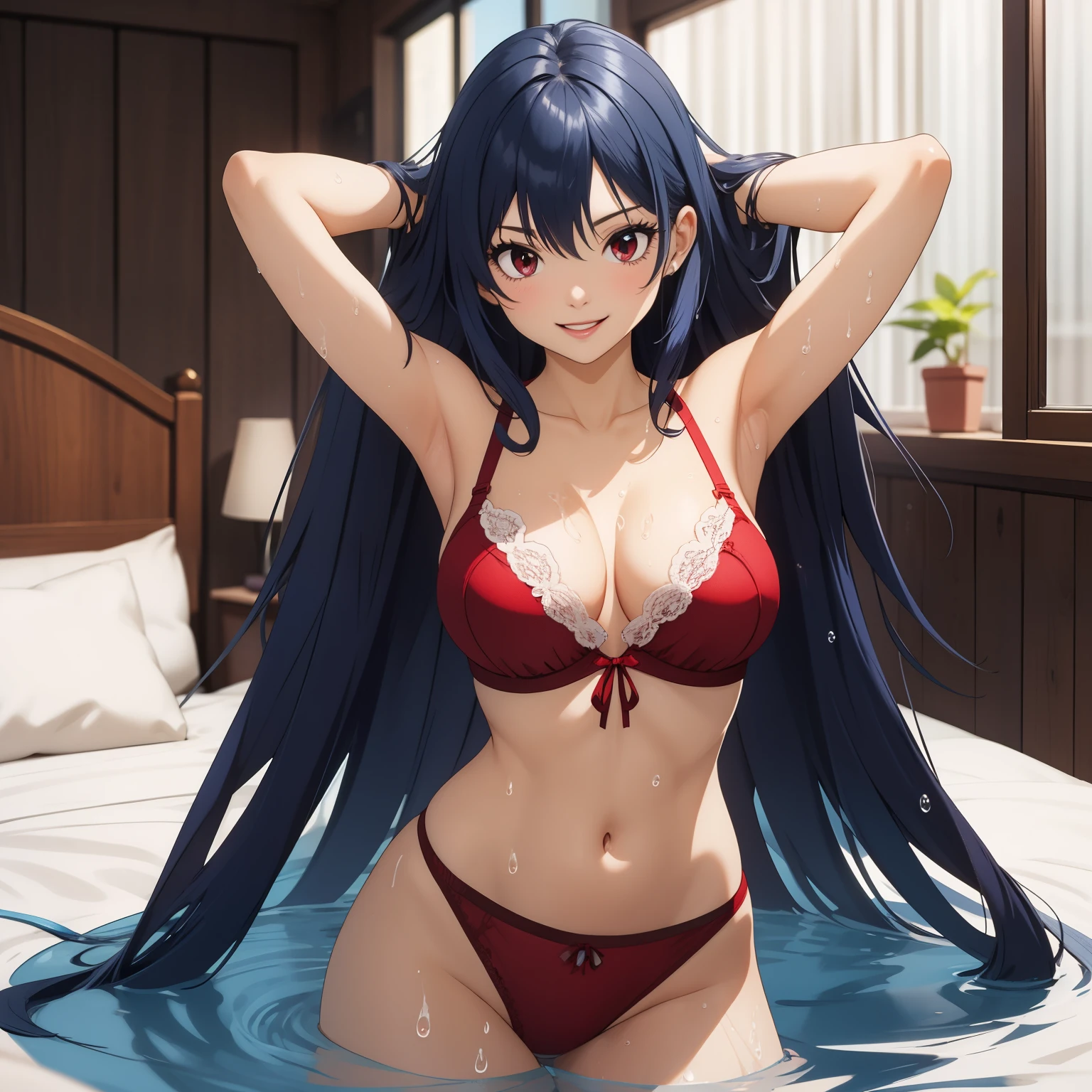 25 year old woman blue hair, pelo azul, red eyes like rubies, pechos grandes, sexy red lingerie, fondo una cama lujosa . cuerpo mojado, gotas de agua en su pecho. pechos grandes, sonrisa feliz. hands behind head. cuerpo completo. rubor cuerpo mojado, cabello mojado , manos perfectas. manos perfectas. cinco dedos en cada mano.1 sola mujer. solo una chica, mujer sola.