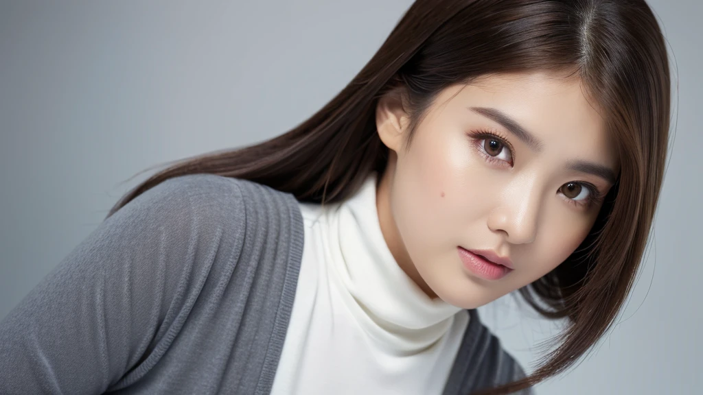 (detailed face),VIVID,breasts,pretty,sleeveless and turtle neck white silky clothes,4k ,super high resolution ,(photo-realistic: 1.7),gray background,