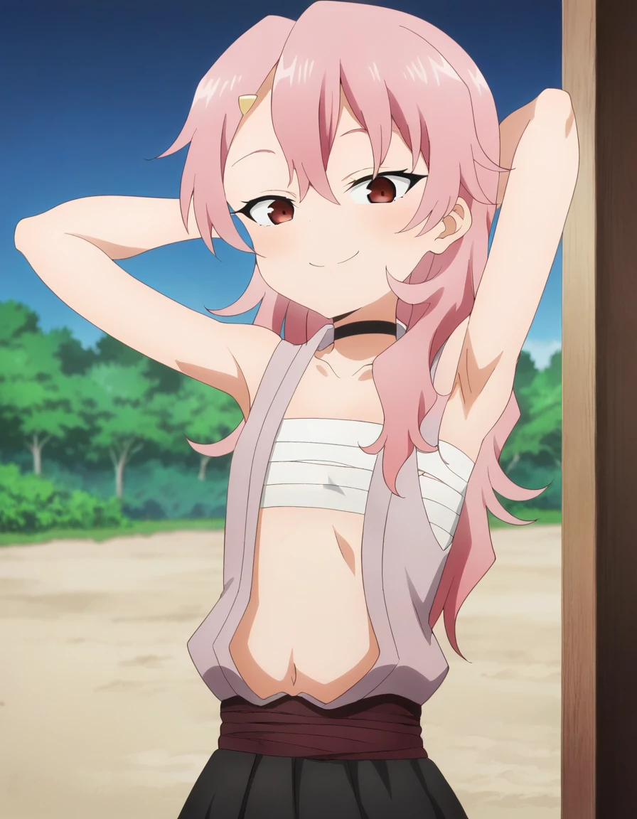 benisumomo, anime coloring ,BREAK source_anime, anime, long hair, hair ornament, red eyes, navel, pink hair, japanese clothes, choker, hairclip, flat , black choker, sarashi,  sarashi, black skirt, high quality, solo, night sky, beach, arms behind head, contrapposto, closed mouth, spread armpits, (cowboy shot:1.5), looking at viewer, smile, best quality, puffing , , head down,