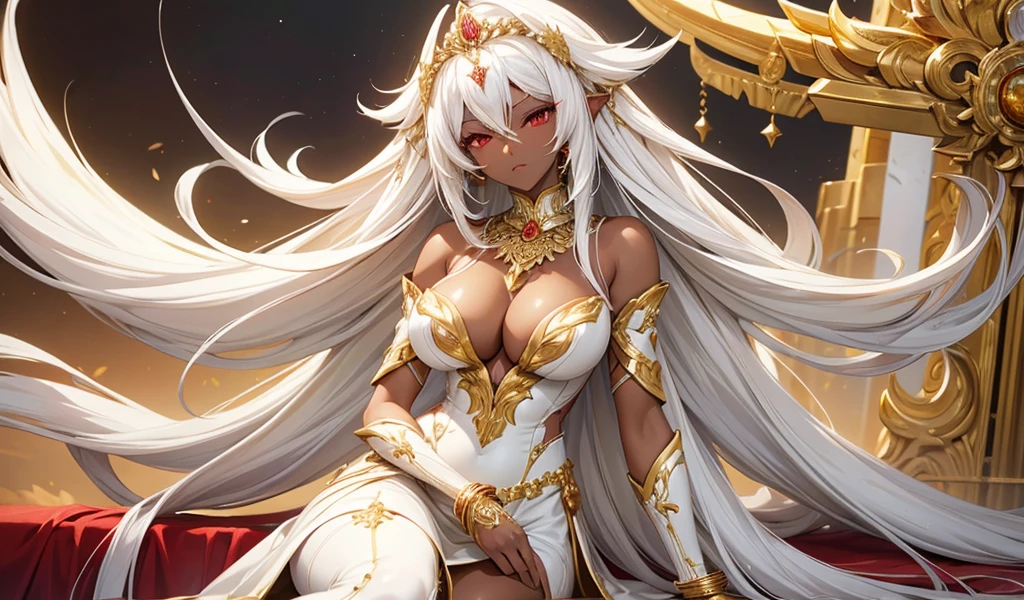 Beautiful woman with long white hair, dark skin and red eyes in white evening dress，gold tiara，Gold ornaments，gold necklace，cleavage，Bare Legs，((best quality)), ((masterpiece)), (detailed:1.4), Anime style，White Rose，desert，river