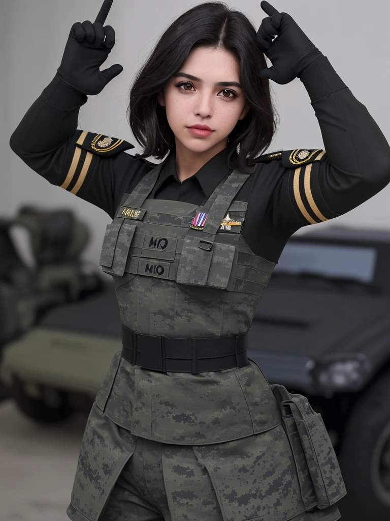 Dos chicos americans, mirada peneteante, cabello corto, facciones finas, musculosos, portando armas con un uniforme militar corlor negro, estilo selfie, enfoque desde su cabeza hasta la su pecho.