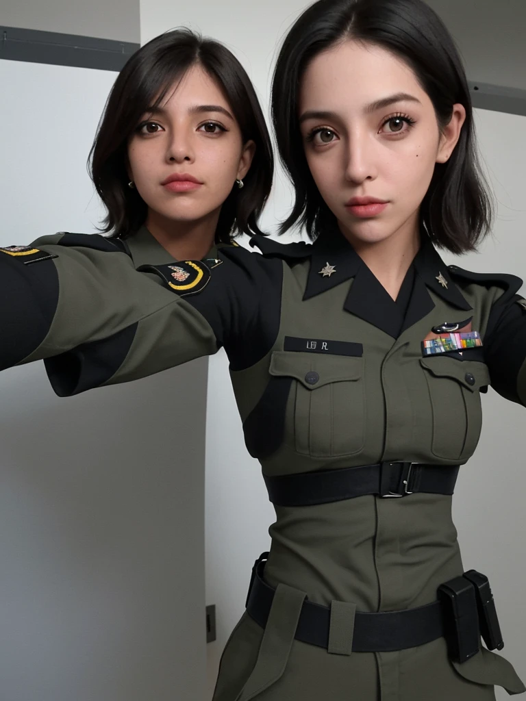 Dos chicos americans, mirada peneteante, cabello corto, facciones finas, musculosos, portando armas con un uniforme militar corlor negro, estilo selfie, enfoque desde su cabeza hasta la su pecho.