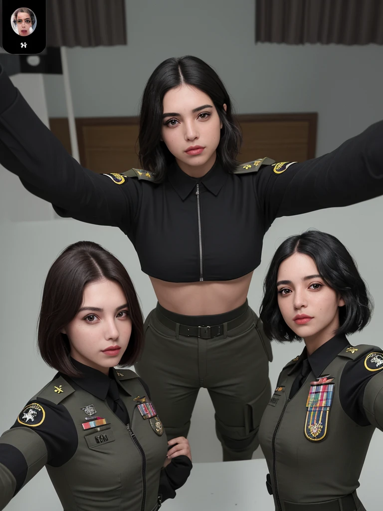 Dos chicos americans, mirada peneteante, cabello corto, facciones finas, musculosos, portando armas con un uniforme militar corlor negro, estilo selfie, enfoque desde su cabeza hasta la su pecho.