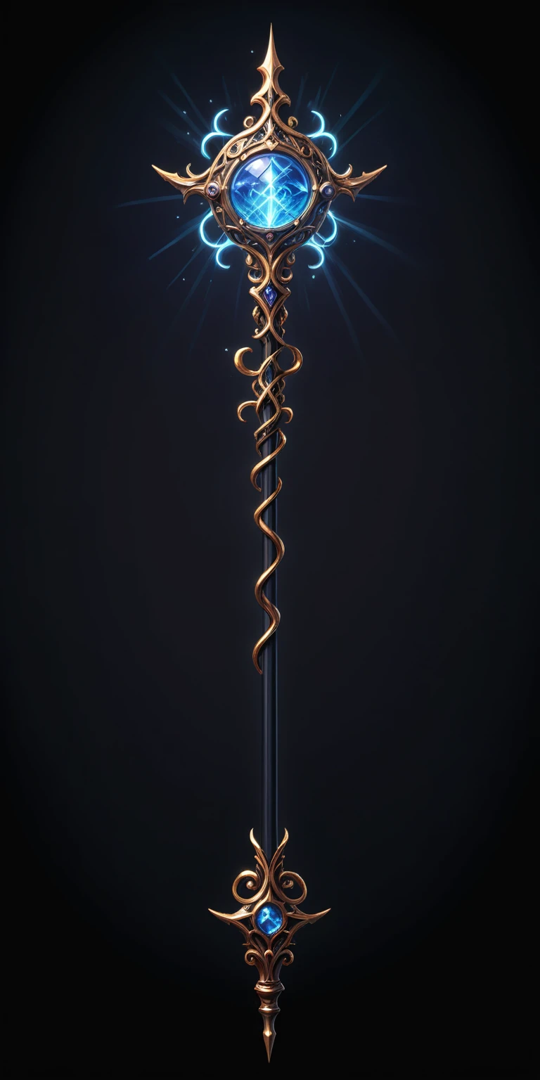 pixel art, cartoon illustration, Divine glavie greatstaff, Powerfull Magical theme, simple black background, RPG game icon 