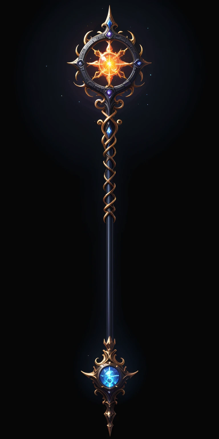 pixel art, cartoon illustration, Divine glavie greatstaff, Powerfull Magical theme, simple black background, RPG game icon