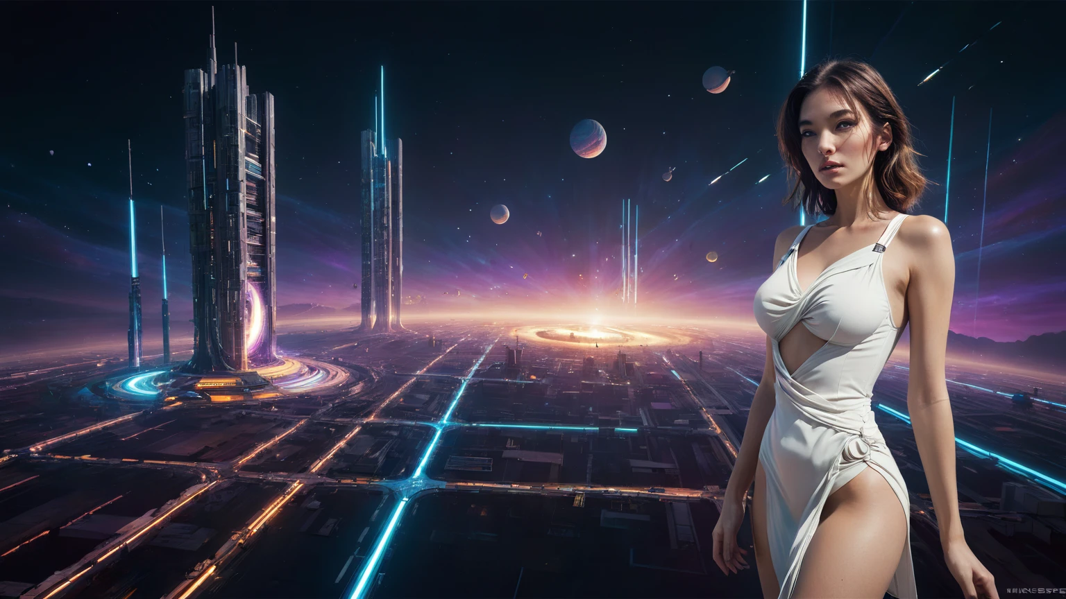 brightly colored abstract image of a space station with a spiral, epic beautiful space scifi, chaotic cinematic space rift, greg beeple, planets colliding, beeple and tim hildebrandt, beeple and jean giraud, end of the universe, galaxy space sci-fi, ringworld, by Mike "Beeple" Winkelmann. Matrix style, (((((Matrix cascading code))))), (((((a futuristic twin tower skyscraper with a unique twisted design))))), (((((OLED GUI interfaces in the building))))), at night, (((((1girl, solo))))), photo realistic, (((large-breast:1.2 slim body, cleavage))), (((off broken mini sling-shirt and black sling bra, extreamly short pleated miniskirt exposing panty))), (((((running pose))))), (((((matrix style black sunglasses))))), ((((((((((aiming with a short gun)))))))))), (((((looking at camera))))), (((very low view))), (((((half-body thigh level medium shot))))), (((cinematic lighting))).