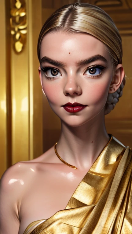 Anya Taylor-joy as a gorgeous Indian Empress wearing ((white and gold Kasavu Saree)); deep cleavage; ((ultra glossy dark red lips)); ((Traditional Indian Makeup)); ultrarealistic ultra white skin, ultrarealistic face; ultrarealistic body; ((ultrarealistic gold ornaments)); ((Ultrarealistic small tits)); (small breasts)); high resolution; detailed skin; ultra detailed eyes; ultra detailed face; ultra detailed lips; 4k resolution; Ultrarealistic Bleach Blonde hair; Ultrarealistic Light Brown Eyes; both eyes are similar, thick eyebrows, heavily oiled white shiny skin, slim athletic body, Ultrarealistic deep navel, Ultrarealistic toned abs, sexy seductive pose, Seductive smile licking her lips, standing; looking at viewer, facing camera; full body photograph, DSLR photo; HDR, super-resolution, maximum clarity and sharpness, rule of thirds, 8k raw, reflections, sharp focus