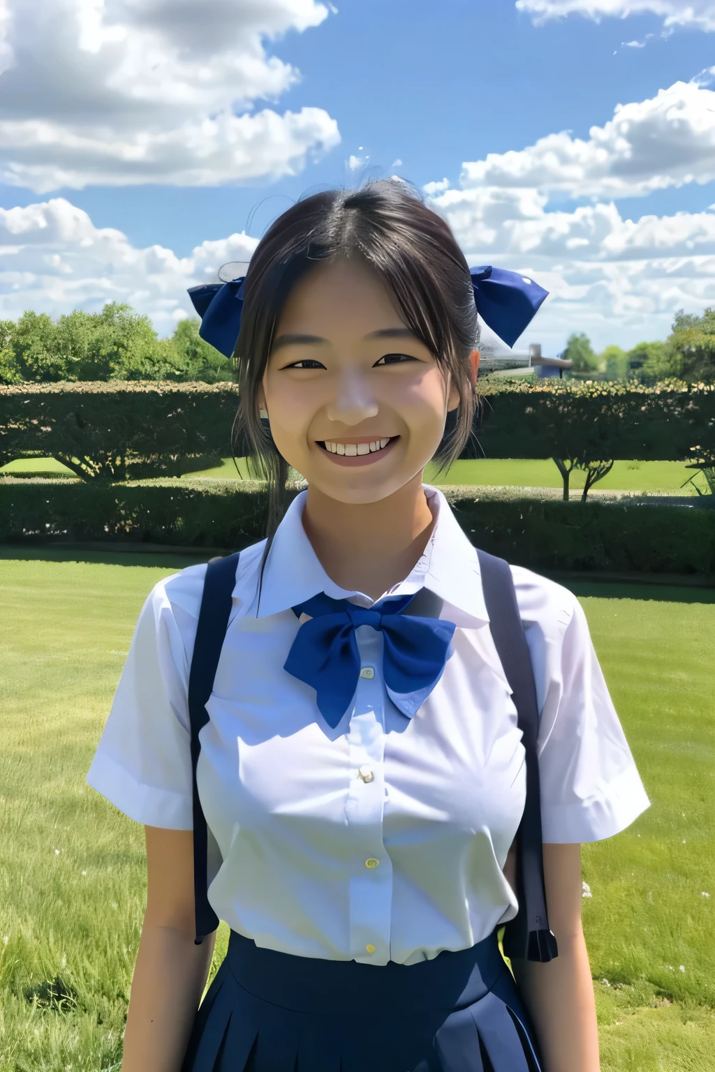 ((masterpiece)), japanese, (a girl), (18 years old), smiling, on grass, blue sky, hair bun, collared shirt, skirt, bow tie, tits, ((plump)), 