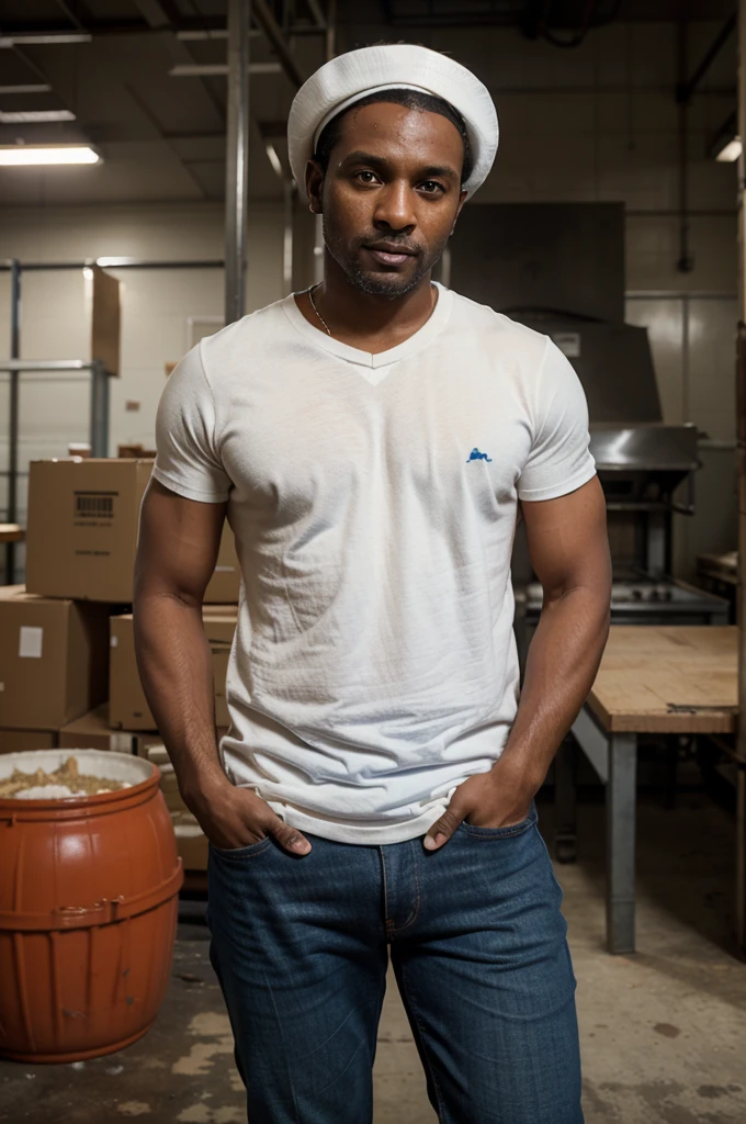 35 year old man, brown skin, face looks tired from sweating, medium build, wearing a loose white t-shirt, orange collar, wearing a blue chef's hat, jeans, boots, standing in an industrial room, in the background you can see a cloud of smoke filling room, biground blur, realistic image, full HD