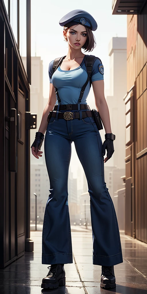 Jill Valentine, masterpiece, best quality, 1girl, solo, standing, jillre1, beret, uniform, shoulder pads, short sleeves, harness, belt, bell-bottom blue pants(Wide flares on pants:1.2), cleavage, black combat boots, full body, perfect blue eyes, perfect red mouth,