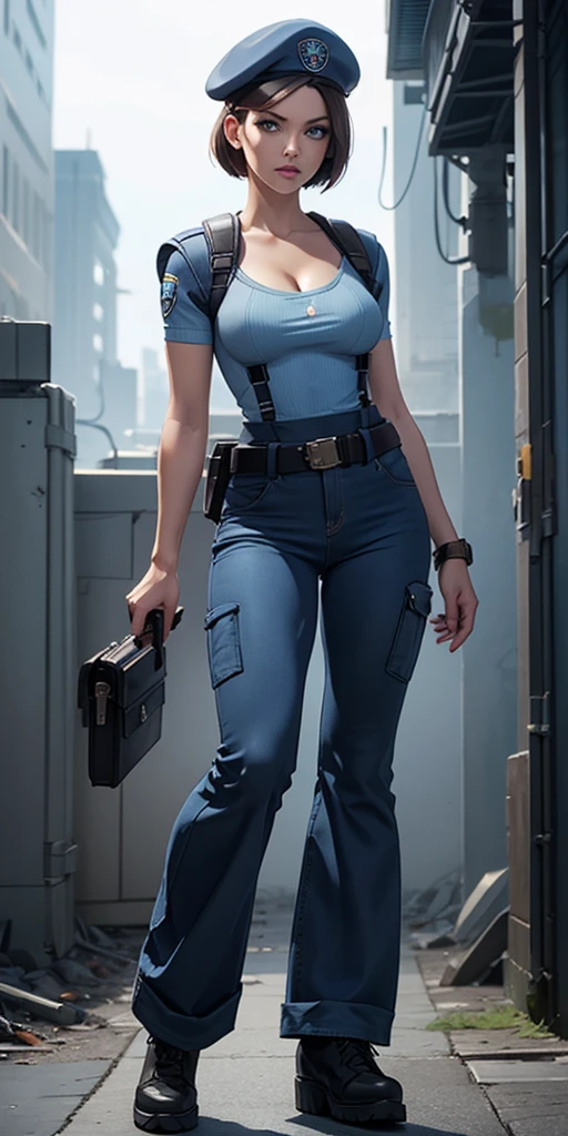 Jill Valentine, masterpiece, best quality, 1girl, solo, standing, jillre1, beret, uniform, shoulder pads, short sleeves, harness, belt, bell-bottom blue pants(Wide flares on pants:1.2), cleavage, black combat boots, full body, perfect blue eyes, perfect red mouth,