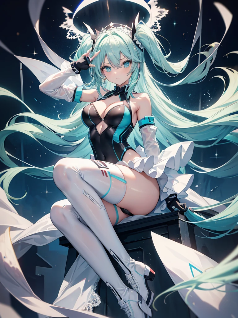 ,race_queen,ager,glamor,long hair,straight_hair,aqua eyes,,bright_pupils,medium breasts,cleavage,slender_waist,athletic_leotard,white_bodystocking,layered,lace,frilled,,ankle_boots,elbow_gloves,