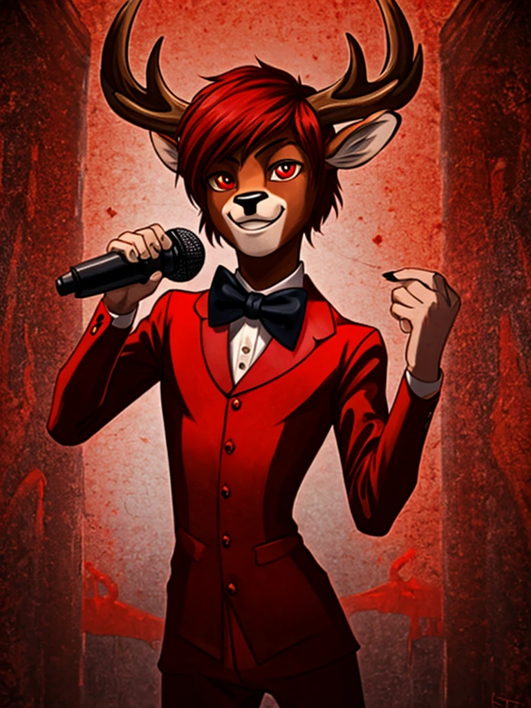 (best quality, masterpiece:1), solo, furry male, twink, skinny, anthro, read eyes, short hair, red hair, bob haircut, portrait, looking at viewer, deer, creepy, scary, powerful, spooky, deer, male, face focus, thin body, thin waist, large shoulders, red suit, bow tie, red color scheme, hell, demon, radios, 1930's, 1930's style, 1930's style outfit, holding a red old microphone, (smile), (large smile),