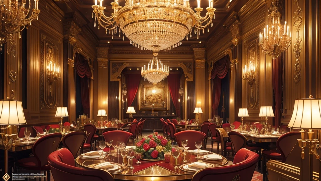 A detailed, vibrant, and celebratory restaurant interior, high quality 8k, photorealistic, professional lighting, vivid colors, intricate details, elegant decor, dynamic composition, beautiful desserts and pastries, warm lighting, luxurious atmosphere, ornate furniture, grand chandelier, lively ambiance, inviting and festive