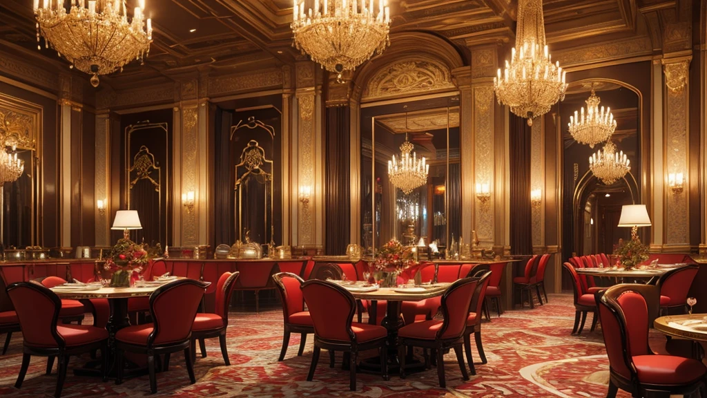 A detailed, vibrant, and celebratory restaurant interior, high quality 8k, photorealistic, professional lighting, vivid colors, intricate details, elegant decor, dynamic composition, beautiful desserts and pastries, warm lighting, luxurious atmosphere, ornate furniture, grand chandelier, lively ambiance, inviting and festive