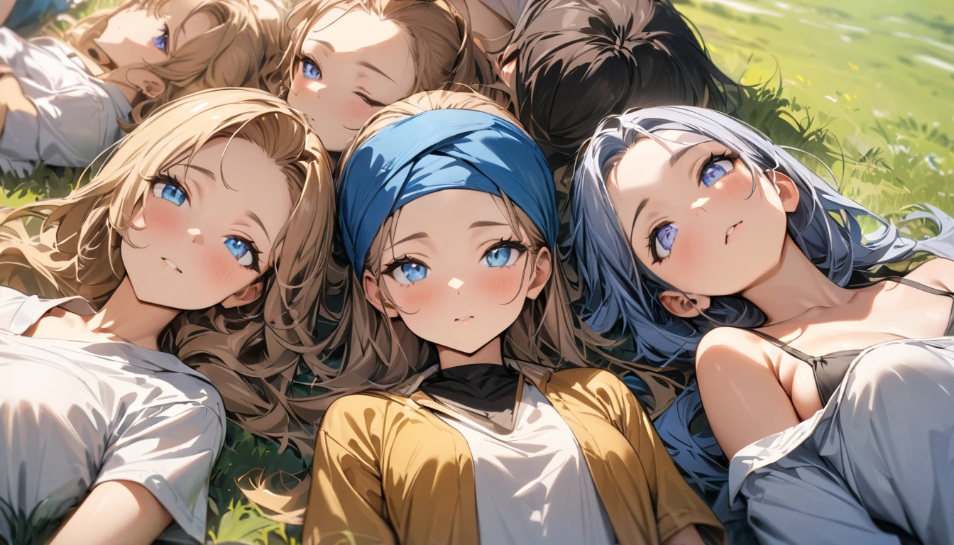 masterpiece:1.2),(best quality:1.2),(masterpiece, best quality, ultra-high resolution), group of relaxed students lying on the grass, hair loose or pulled back in bandanas, bright and curious eyes looking up at the blue sky.