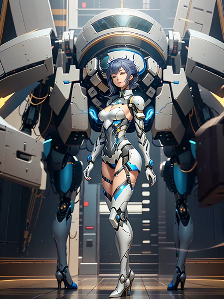 Close-up of a man wearing a blue and white design tights, Female robot body, Female Armorer, Perfect anime robot woman, Biomechanics OPPEIN, Robotic body and legs, Girl in mecha network armor, Mecha Body, Beautiful white girl robot, Mecha suit, Beautiful character design, Diversified cyber litigation