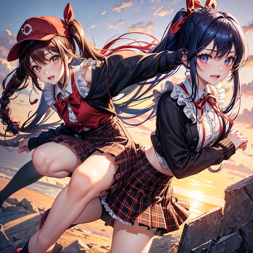 Red Blue Gold Hair、Golden Eyes、Braid、One good looking girl、solo、anime、Checkered mini skirt、Ruffles on the skirt、camisole、cardigan、Black knee-high socks、Wearing a baseball cap、Wearing a ribbon、Ribbon on waist、Tilting face、Teeth are visible、Sunset sky、There's a hole in the clouds、Contrail、Cumulonimbus、Silver coin necklace、shine、From above、bell、torii、clock tower、Desert Oasis、water is gushing out、Sparks are flying、Steps、High five