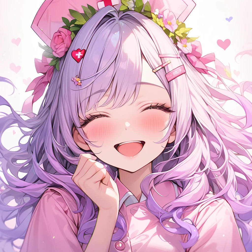 beautiful a girl wearing a pink nurse uniform and a pink nurse cap,, (highest quality,masterpiece,16K or 8K,Super detailed,gradient glitter ),(Upper body、front), background Colorful heart, beautiful, masterpiece, highest quality、gradient hair, light blue-purple hair, floating hair, wavy hair,fluffy hair、 Hair in the wind, pastel wreath on head,Hairpins, heart-shaped hairpins with a red cross inside, green and black colored eyes, long eyelashes, beautiful eyes, light smile, bright pupils, (a girl closes her eyes and opens her mouth and smiles happily.),digital illustration, highest quality,High resolution, romantic academia, romantic atmosphere, fantasy, white background, happy, laughing,