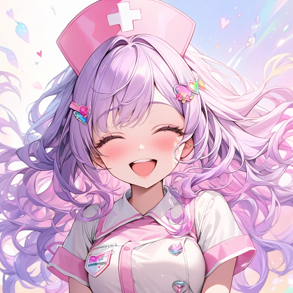 beautiful a girl wearing a pink nurse uniform and a pink nurse cap,, (highest quality,masterpiece,16K or 8K,Super detailed,gradient glitter ),(Upper body、front), background Colorful heart,  beautiful, masterpiece, highest quality、gradient hair, light blue-purple hair, floating hair, wavy hair,fluffy hair、 Hair in the wind, pastel wreath on head,Hairpins, heart-shaped hairpins with a red cross inside, green and black colored eyes, long eyelashes, beautiful eyes, light smile, bright pupils, (a girl closes her eyes and opens her mouth and smiles happily.),digital illustration, highest quality,High resolution,  romantic academia, romantic atmosphere, fantasy, white background, happy, laughing,