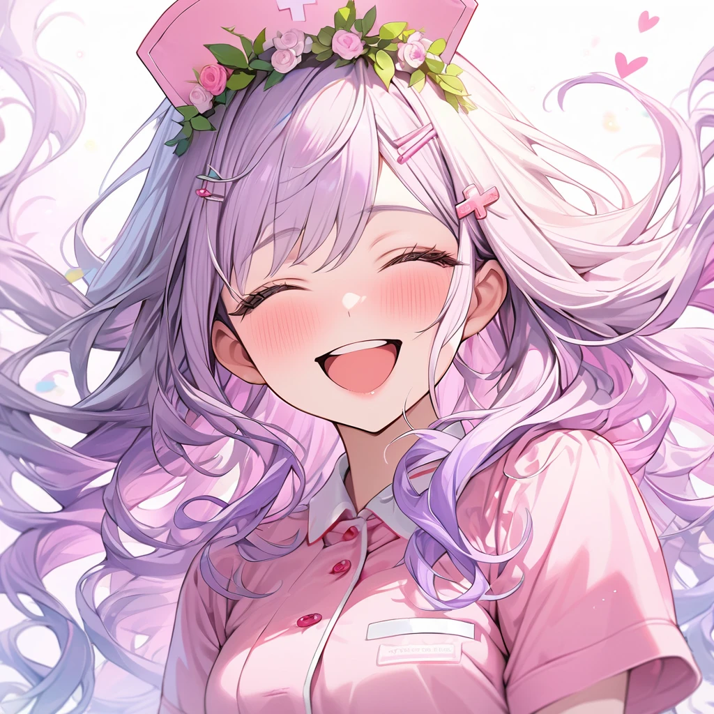 beautiful a girl wearing a pink nurse uniform and a pink nurse cap,, (highest quality,masterpiece,16K or 8K,Super detailed,gradient glitter ),(Upper body、front), background Colorful heart,  beautiful, masterpiece, highest quality、gradient hair, light blue-purple hair, floating hair, wavy hair,fluffy hair、 Hair in the wind, pastel wreath on head,Hairpins, heart-shaped hairpins with a red cross inside, green and black colored eyes, long eyelashes, beautiful eyes, light smile, bright pupils, (a girl closes her eyes and opens her mouth and smiles happily.),digital illustration, highest quality,High resolution,  romantic academia, romantic atmosphere, fantasy, white background, happy, laughing,