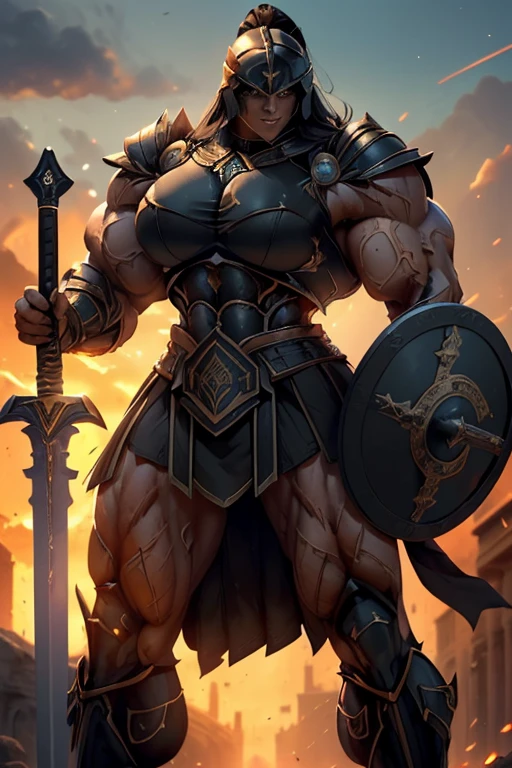 ((((Massive, tall, beautiful, buff, muscular brown skinned female spartan with black hair, ginormous bulky muscles, holding a sword and shield and wearing an all black gleaming spartan armor and pleated skirt)))), (close view), black eyeliner, massive muscles, massive biceps, hyper muscle triceps, (long straight hair), orange eyes, spartan boots, In a Roman city, steel spartan armor, armor breastplate, nighttime, confident smile, (hyper muscles arms), hyper muscle legs, (ginormous arms)