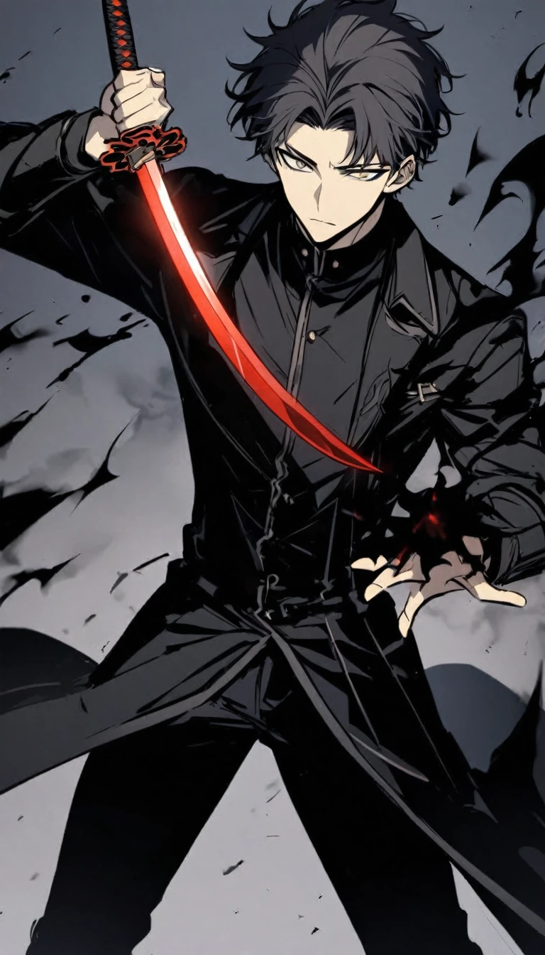 Handsome, alone, male, Short hair, Calm head, dark gray hair, black yellow odd eye, black shirt, black pants, Black coat, black flame,holding a katana in one hand, The blade shines black