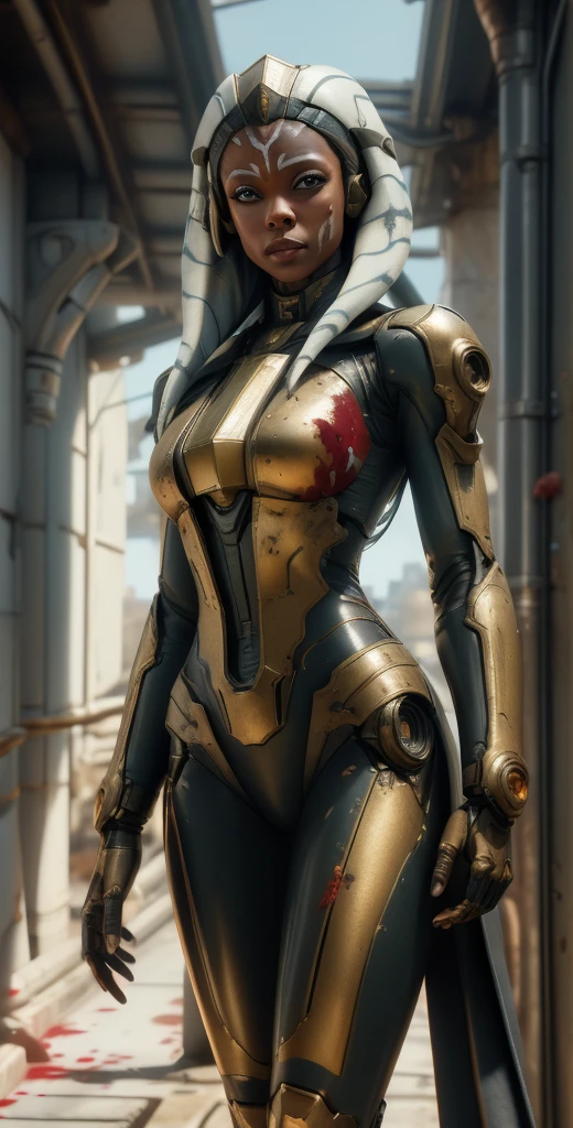 1 girl, solo, (look at viewer), ((Best quality)), ((masterpiece)), (detailed:1.4), ((upper body)), 3D, an image of a beautiful cyberpunk female,HDR (High Dynamic Range), Ray Tracing,NVIDIA RTX,Super-Resolution,Unreal 5,Subsurface scattering,PBR Texturing,Post-processing,Anisotropic Filtering,Depth-of-field,Maximum clarity and sharpness,Multi-layered textures,Albedo and Specular maps,Surface shading,Accurate simulation of light-material interaction,Perfect proportions,Octane Render,Two-tone lighting,Wide aperture,Low ISO,White balance,Rule of thirds,8K RAW, (((blood eyes))), , mechanical parts ahsoka, (dark skin:1.2), blood eyes, , medium breasts, bloodgold/black bodysuit, belt, (( bloodgold amor)) joints, body suit