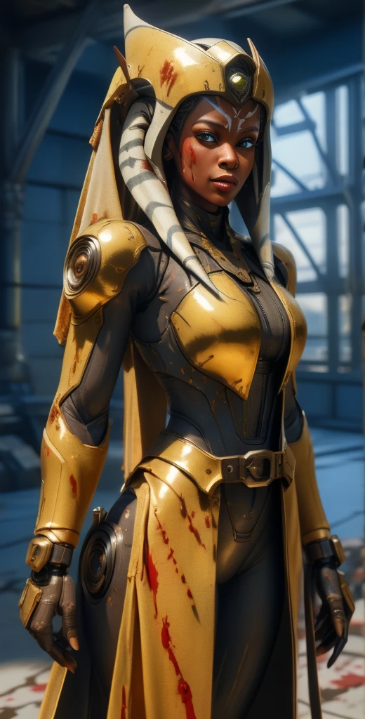 1 girl, solo, (look at viewer), ((Best quality)), ((masterpiece)), (detailed:1.4), ((upper body)), 3D, an image of a beautiful cyberpunk female,HDR (High Dynamic Range), Ray Tracing,NVIDIA RTX,Super-Resolution,Unreal 5,Subsurface scattering,PBR Texturing,Post-processing,Anisotropic Filtering,Depth-of-field,Maximum clarity and sharpness,Multi-layered textures,Albedo and Specular maps,Surface shading,Accurate simulation of light-material interaction,Perfect proportions,Octane Render,Two-tone lighting,Wide aperture,Low ISO,White balance,Rule of thirds,8K RAW, (((blood eyes))), , mechanical parts ahsoka, (dark skin:1.2), blood eyes, , medium breasts, bloodgold/black bodysuit, belt, (( bloodgold amor)) joints, body suit