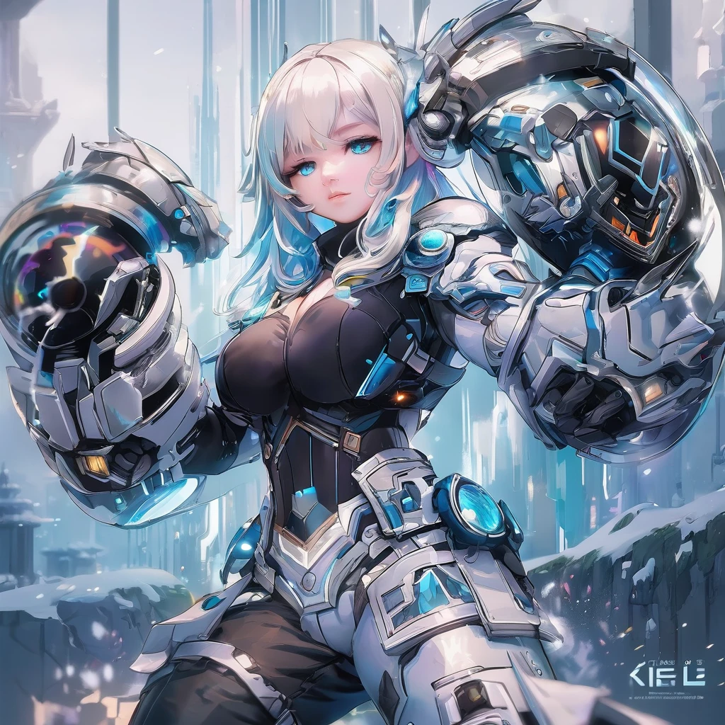 (high-res, vivid colors), blue bird alien, detailed feathers, sparkling eyes, alien landscape, vibrant colors, surreal atmosphere, glowing lights, otherworldly features, intricate patterns, dreamlike scenery, Arctic Frost Ranger: A suit featuring icy blue and frosty white hues, accented with snowflake patterns and frost crystals. This Ranger commands the power of ice and cold, with abilities such as creating blizzards, forming ice constructs for defense, and freezing enemies in their tracks.