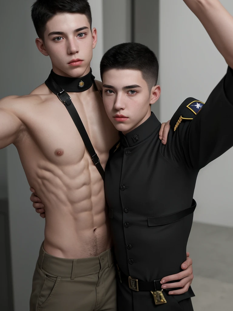 Two American boys, penetrating gaze, short hair, fine features, muscular, carrying weapons in a black military uniform, selfie style, focus from their head to their chest.