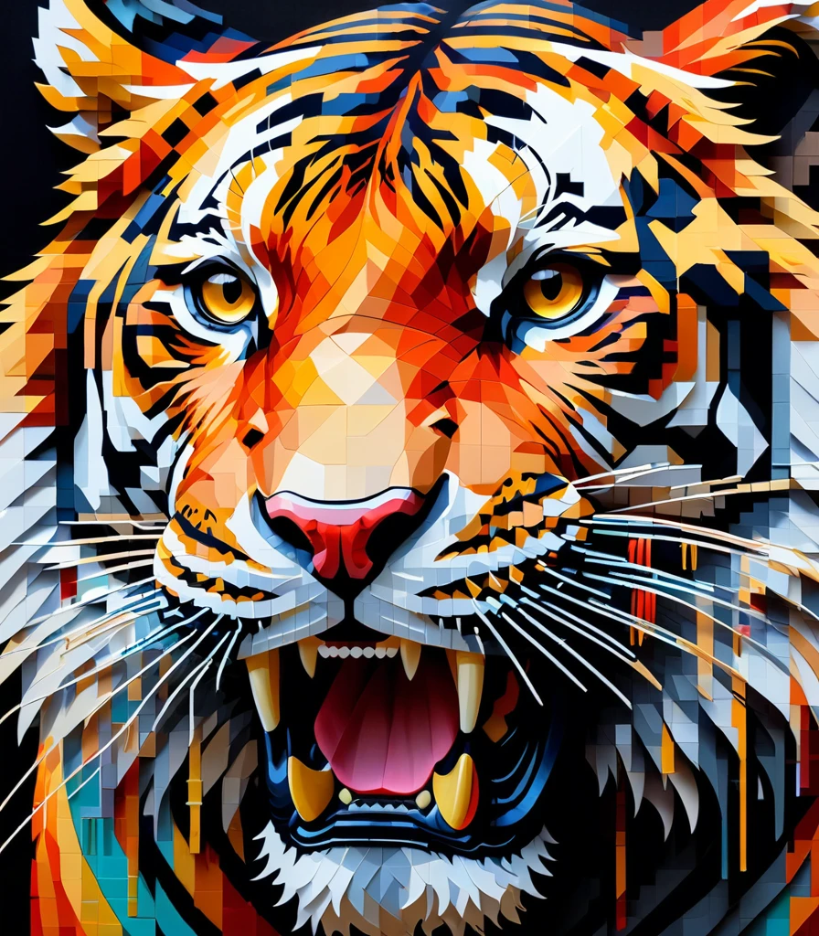 pixel art，Thai artist Thawan Duchanee uses brightly colored brush strokes to create a 3D pixelated portrait of a roaring tiger..