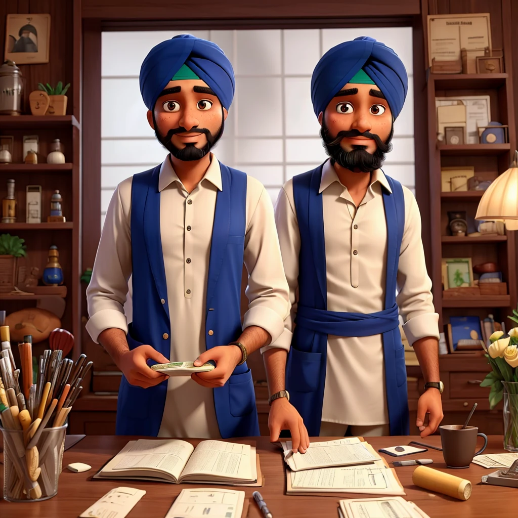 A sikh man who have a lot of money in his hand and he look to trading charts in stock market trader