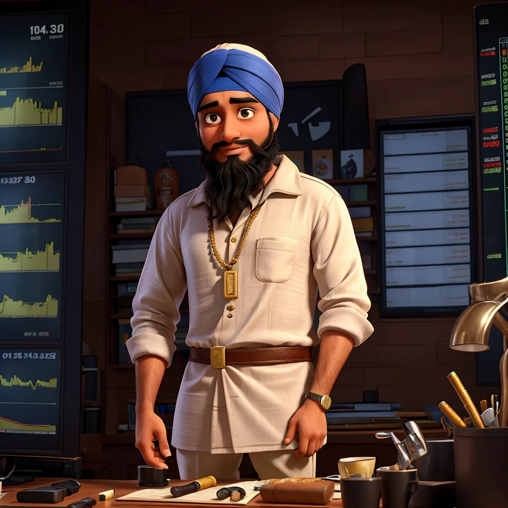 A sikh man who have a lot of money in his hand and he look to trading charts in stock market trader