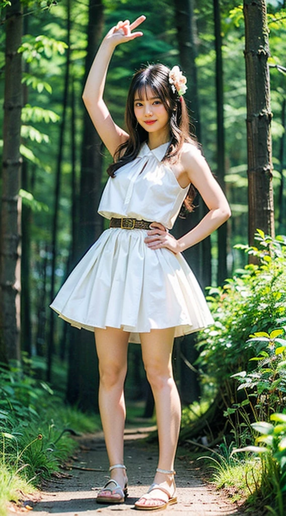 (8K、Raw photo、highest quality、masterpiece:1.2)、(realistic、Photoreal)、1 girl、((white dress、flare skirt、See-through、in the forest、sandals、blonde、I can see your feet、stand with hands on hips、belt、big breasts、Seen from the front、stand with legs apart、))、lots of eyelashes、Glitter on your eyelids、skeletally correct、smile、standing with hands on hips、(nsfw)、