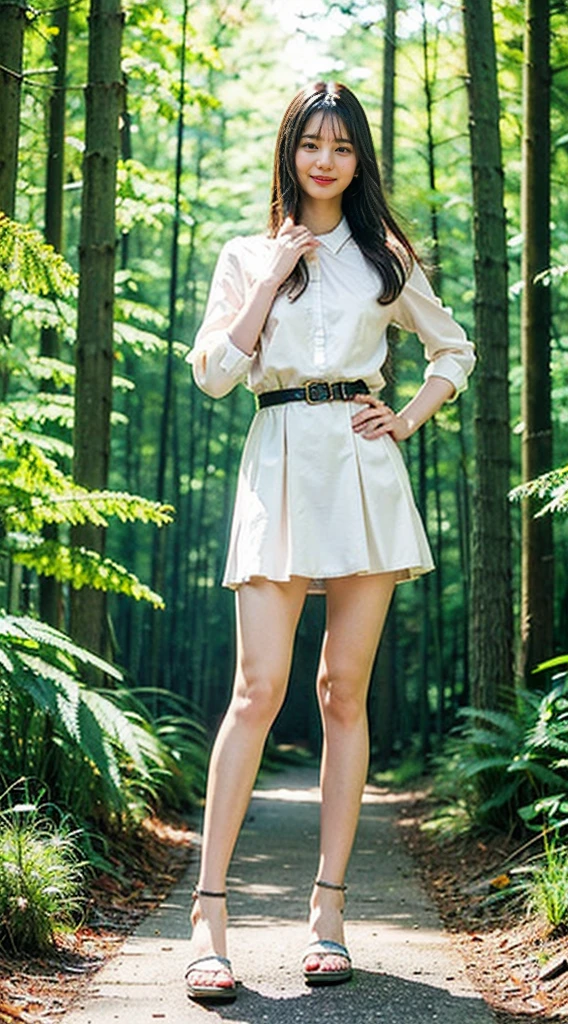 (8K、Raw photo、highest quality、masterpiece:1.2)、(realistic、Photoreal)、1 girl、((white dress、flare skirt、See-through、in the forest、sandals、blonde、I can see your feet、stand with hands on hips、belt、big breasts、Seen from the front、stand with legs apart、))、lots of eyelashes、Glitter on your eyelids、skeletally correct、smile、standing with hands on hips、(nsfw)、