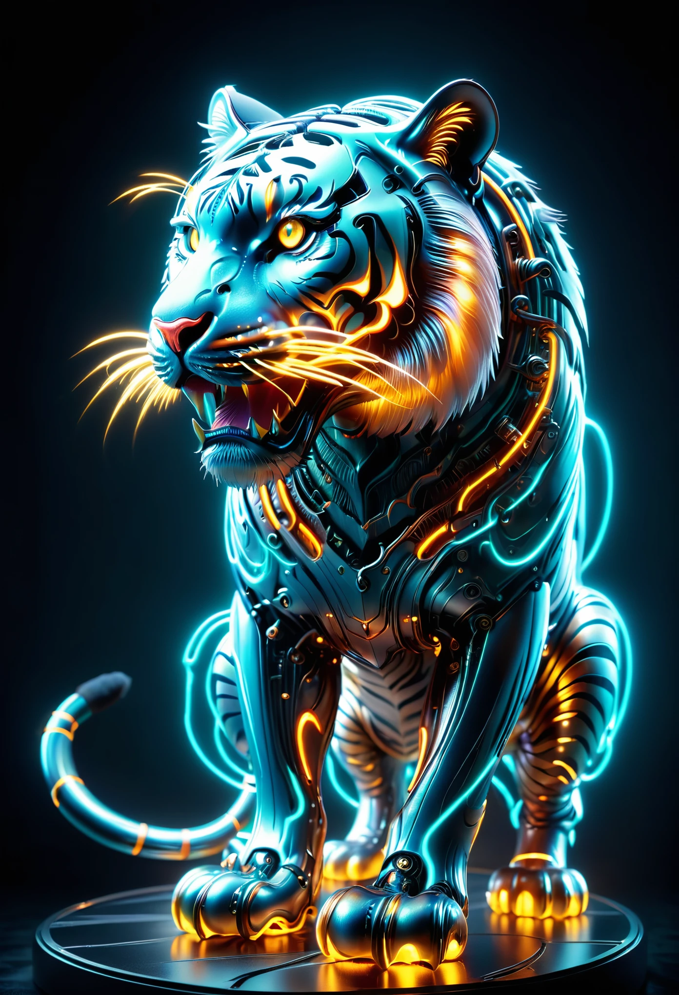 (Mechanical Bengal tiger:1.5)，Mythical creatures , (Mythical Machine), (Mechanobiology)，Mysterious，phantom，transparent，Bioluminescence，Divine Light，fluorescence，Charm，mystery，Bright colors，Detailed explanation，real，Super real，A spectacular technological fantasy，epic surrealism，Spectacular future fantasy，Bright colors