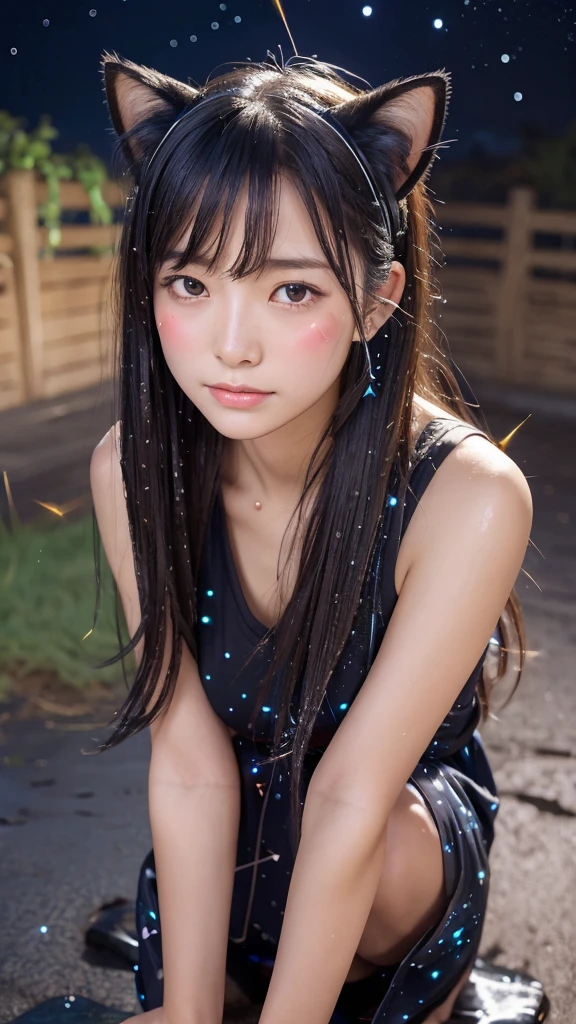 , Beauty, with cows , close up, Blushed face, Crouching, wet, Cat ears, Starry Sky, (constellation:1.3)