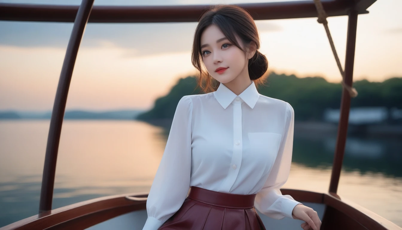 8K, ultra high resolution, best quality, masterpiece, surreal, picture, 1 girl, (:1.3), Pretty Woman, Cute face, Beautiful Eyes in Every Detail, 細かくdetailedに,masterpiece,, one girl:1.2, Japanese female announcer, night is approaching、the sky turns red、woman standing on boat、black hair、elegant hairstyle、black eyed woman、A cute girl looking up、When the sky gets dark、The soft light of the ship shines、the sky turns red as the sun sets、Tight clothes that reveal body lines、A crisp white blouse or white collared shirt、The first button of her blouse is obscenely open.、Brown natural leather belt、dark red short leather skirt、Wear elegant clothes、woman on a tourist boat、the sun shines on her、An elegantly dressed woman is sitting on a boat and looking at the sunset.、lens flare,bold pose,Looking at the audience、beauty,long neck、Smile a little、Please shut your mouth and smile、(((ideal body type))), one cup :2,、portrait:2、complete anatomy、鮮明なdetailed、detailed、surreal、light and shadow,strong light,fashion magazine cover,thin lips