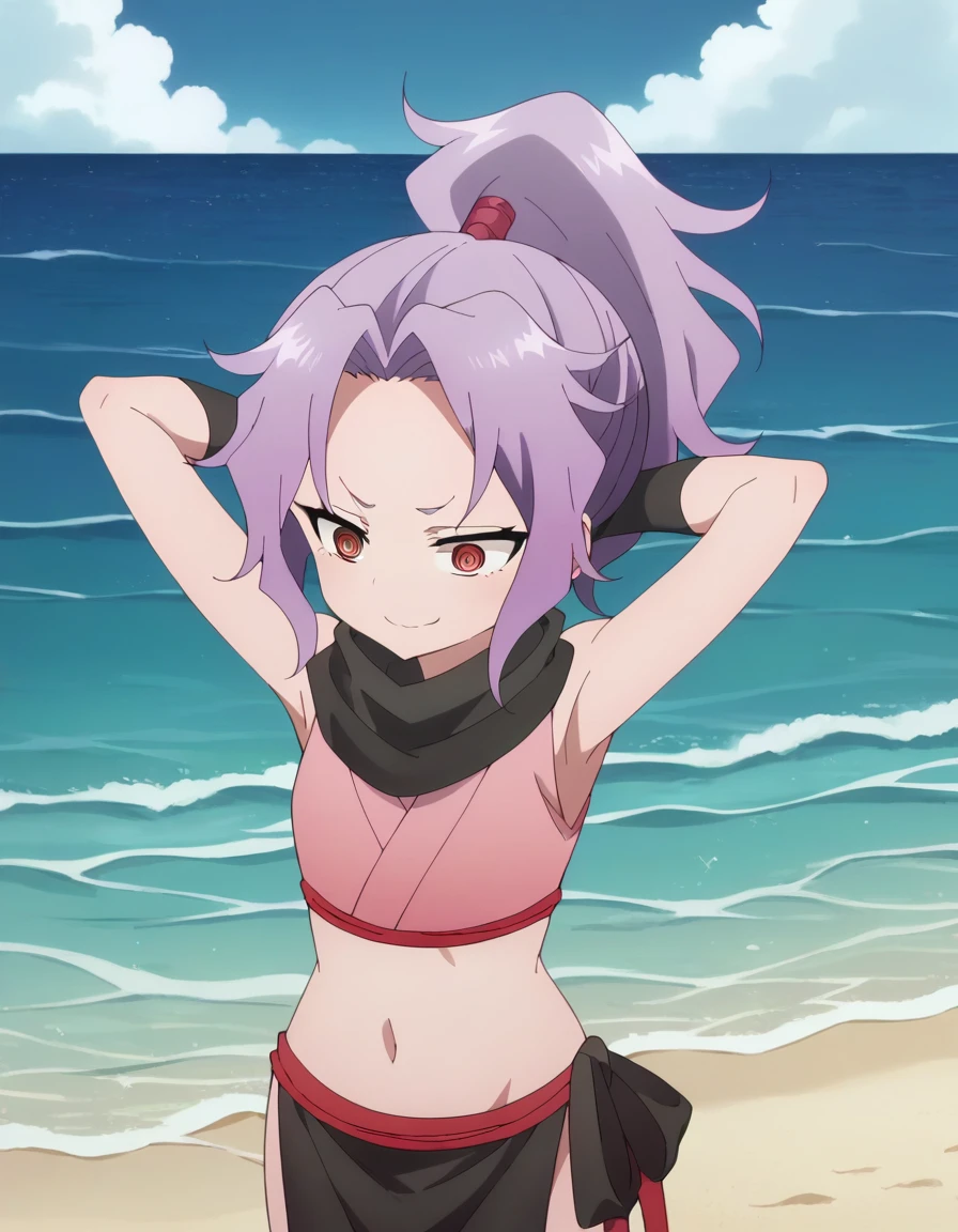 score_9, score_8_up, score_7_up, score_6_up, score_5_up, score_4_up , anime coloring, anime screencap, source_anime, anime,uncensored ,BREAKsazanka, red eyes, ponytail, purple hair, high ponytail, @ @, ringed eyes,gloves, navel, japanese clothes, sleeveless, black gloves, midriff, fingerless gloves, scarf, crop top, pelvic curtain, @ @, ninja, ringed eyes, black scarf,BREAK, high quality, solo, night sky, beach, arms behind head, contrapposto, closed mouth, spread armpits, (cowboy shot:1.5), looking at viewer, smile, best quality, puffing chest, sexy, leaning back,